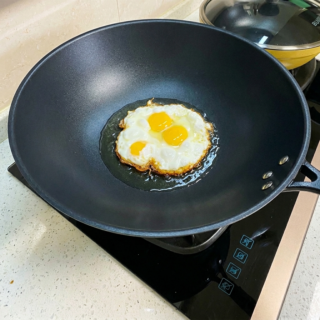 Huevo frito siendo volteado en un wok, mostrando un lado inferior dorado y crujiente.