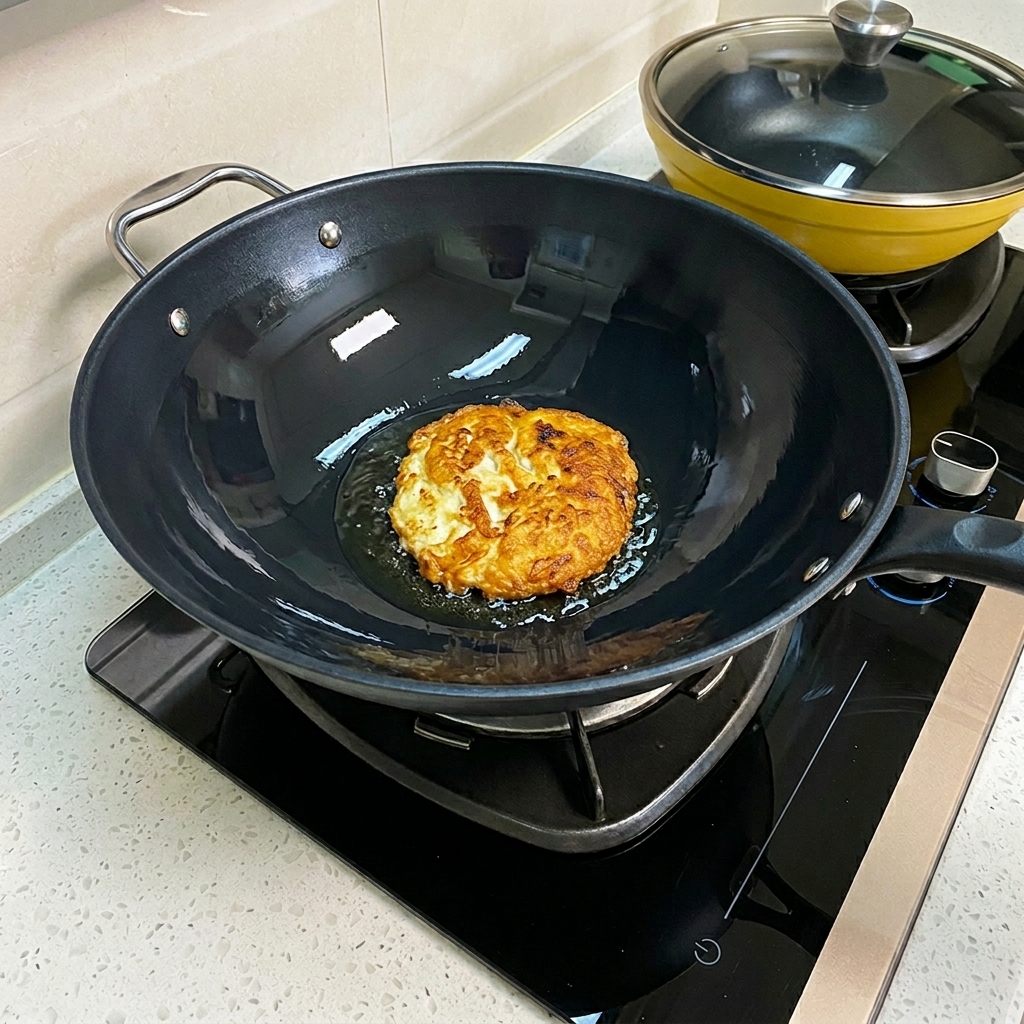 Grandes trozos de huevo frito dorado siendo partidos con una espátula metálica en un wok.