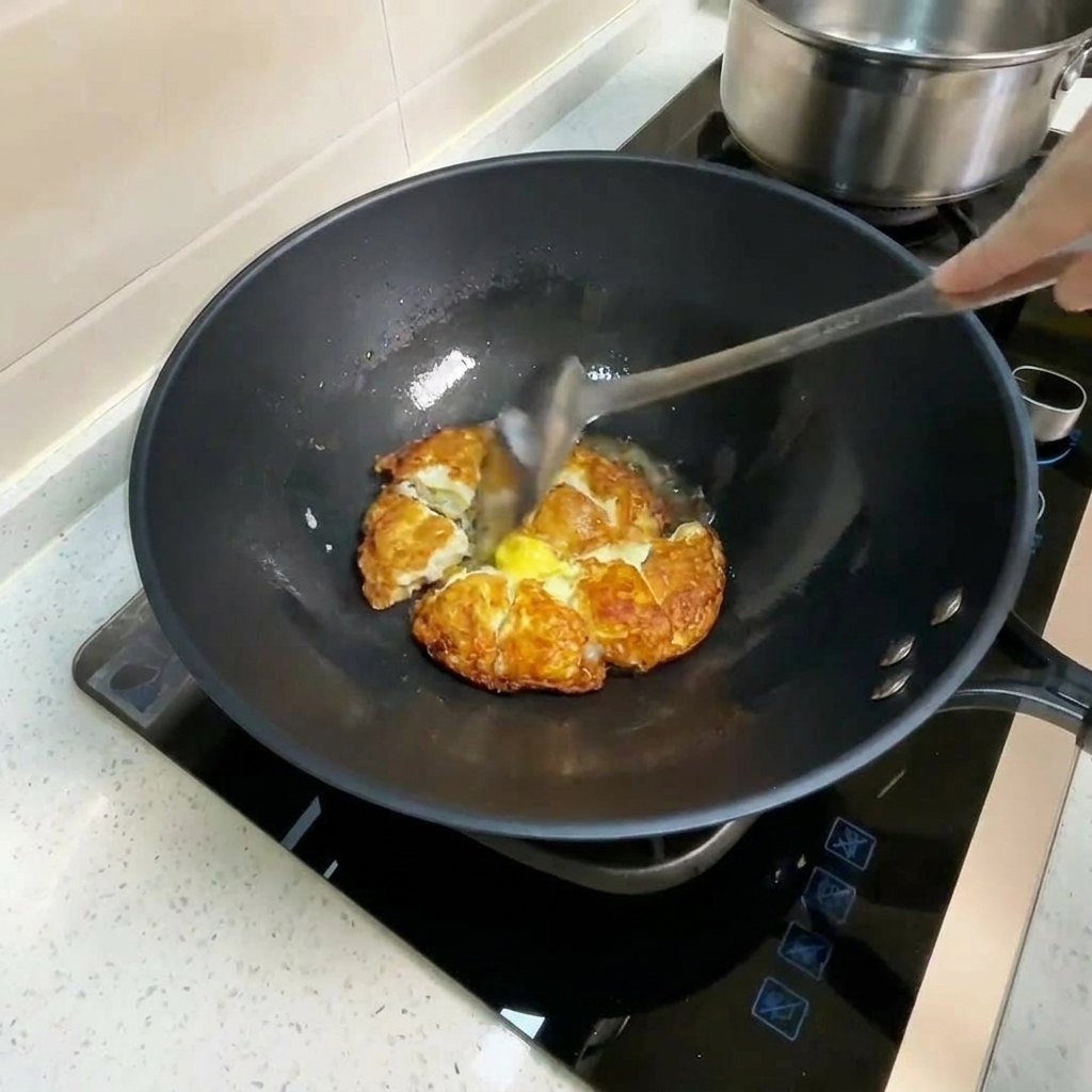 Agua caliente vertiéndose en el wok con los huevos fritos, creando vapor.