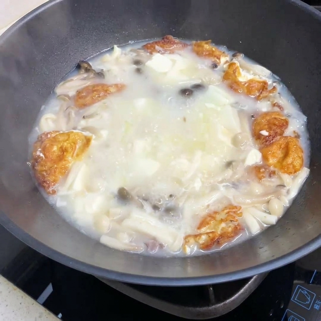 La sopa de champiñones y tofu cocinándose a fuego lento en un wok mientras se añade el sazón.