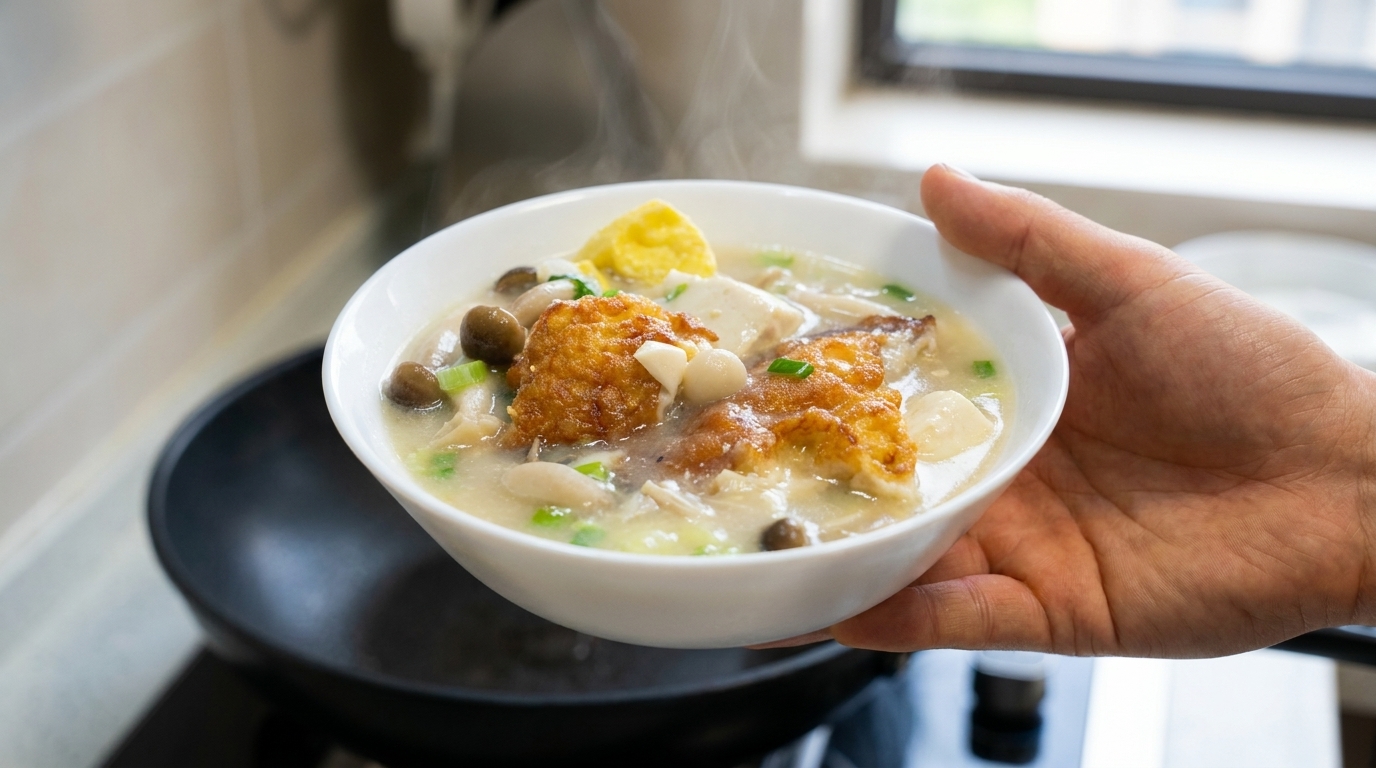 Sopa de Huevo Dorado con Champiñones y Tofu