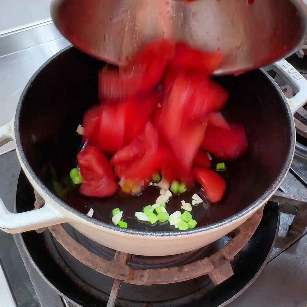 Trozos de tomate pelado siendo vertidos en una olla.