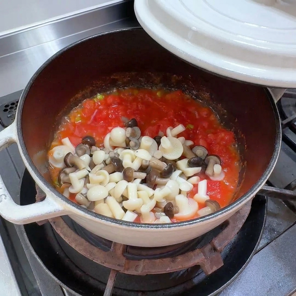 Champiñones de haya frescos siendo añadidos a la mezcla de tomate cocida.