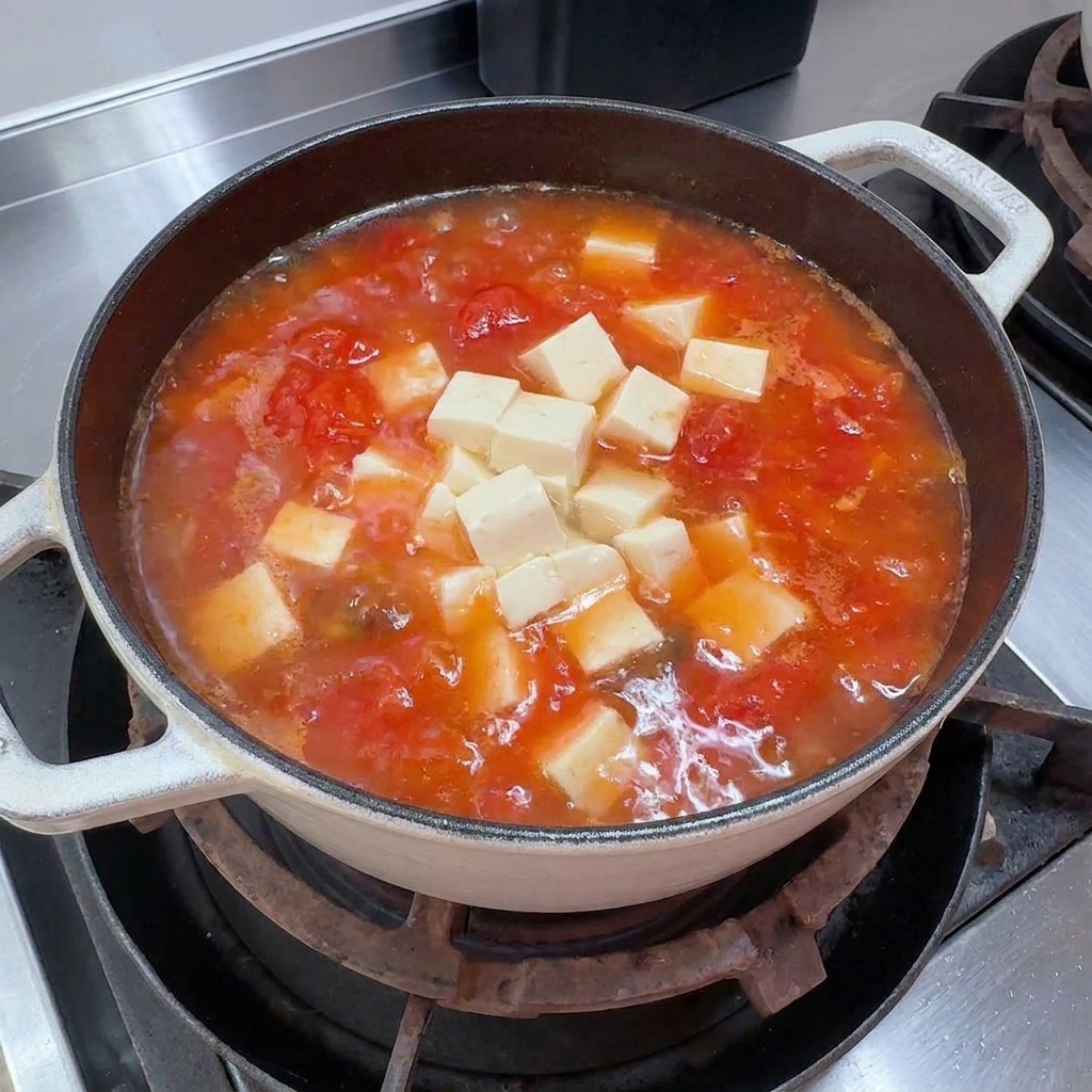 Cubos de tofu suave siendo añadidos al caldo de tomate y champiñones hirviendo.