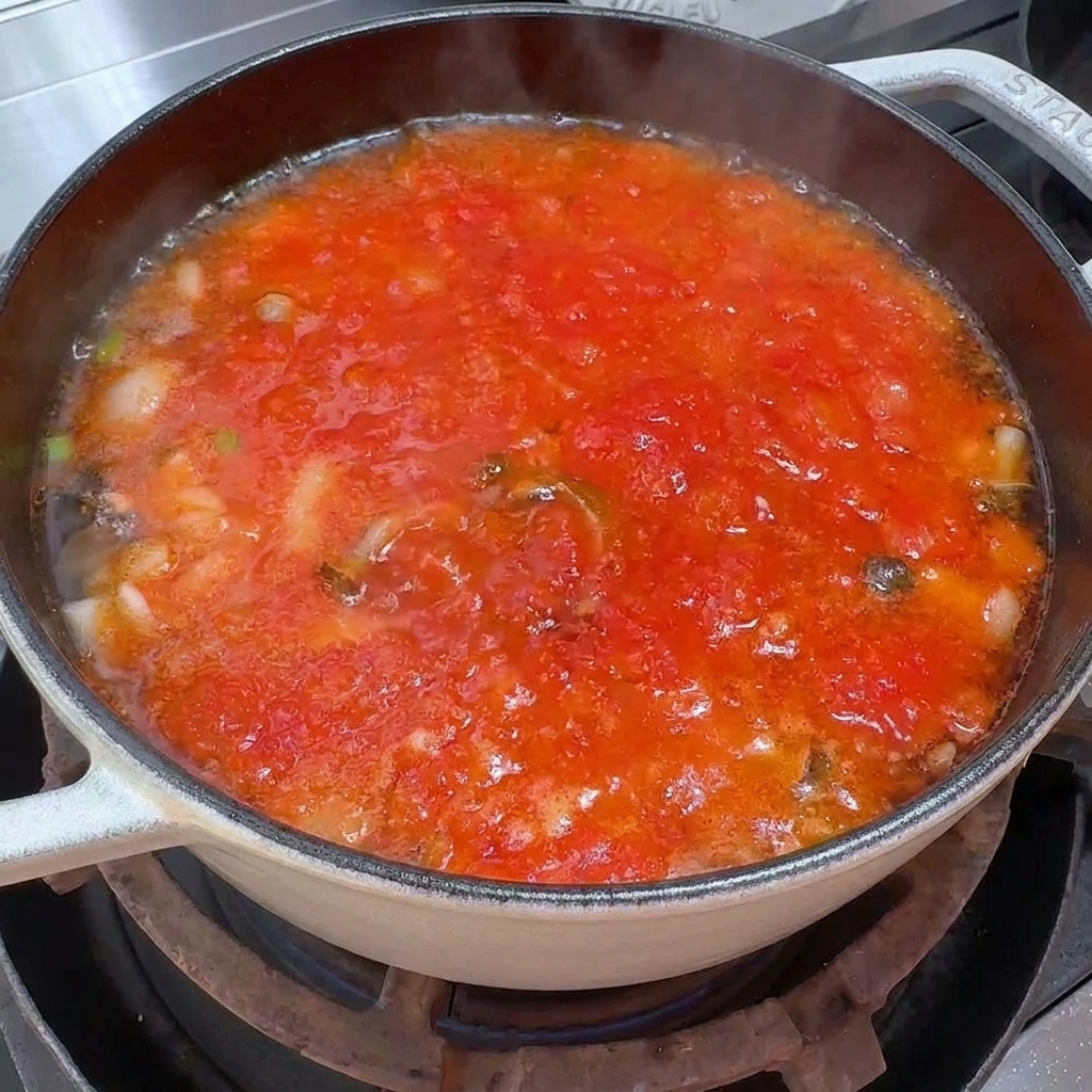 Una olla de sopa roja de tomate y champiñones hirviendo en la estufa.