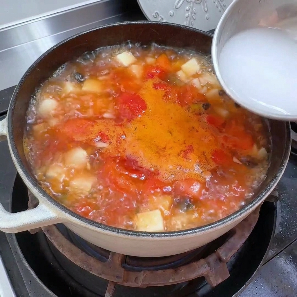 Vertiendo una mezcla blanca de agua y almidón desde un tazón pequeño en una olla de sopa de tomate burbujeante.