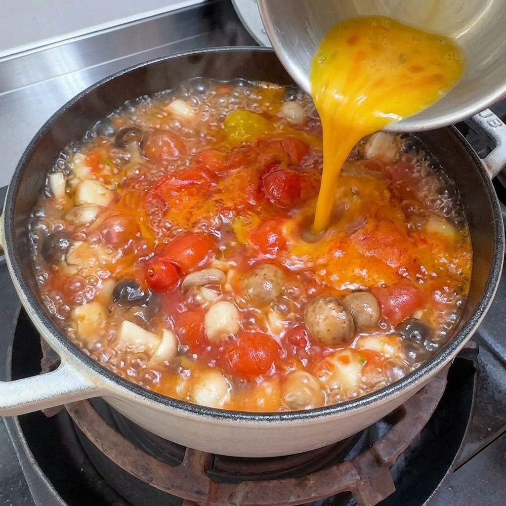 Vertiendo huevo batido en un movimiento circular en una olla de sopa de tomate y tofu hirviendo.