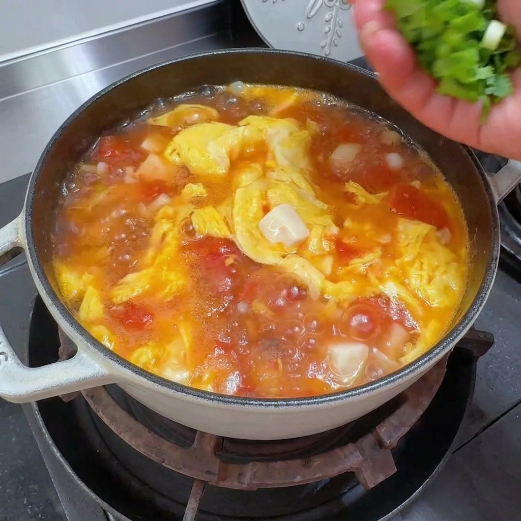 Primer plano de hojas de cilantro fresco siendo esparcidas sobre una olla de sopa de tomate, tofu y huevo.