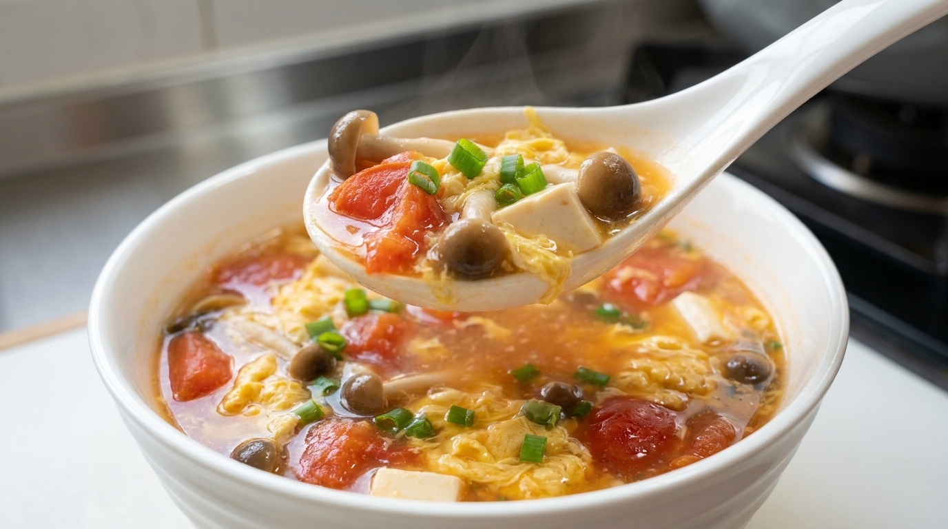 Sopa de Tomate, Champiñones y Huevo