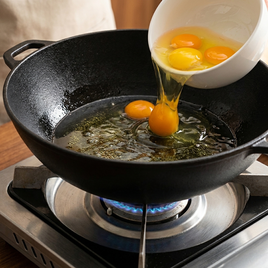Huevos siendo vertidos en una sartén caliente de hierro fundido para freír hasta que estén dorados.