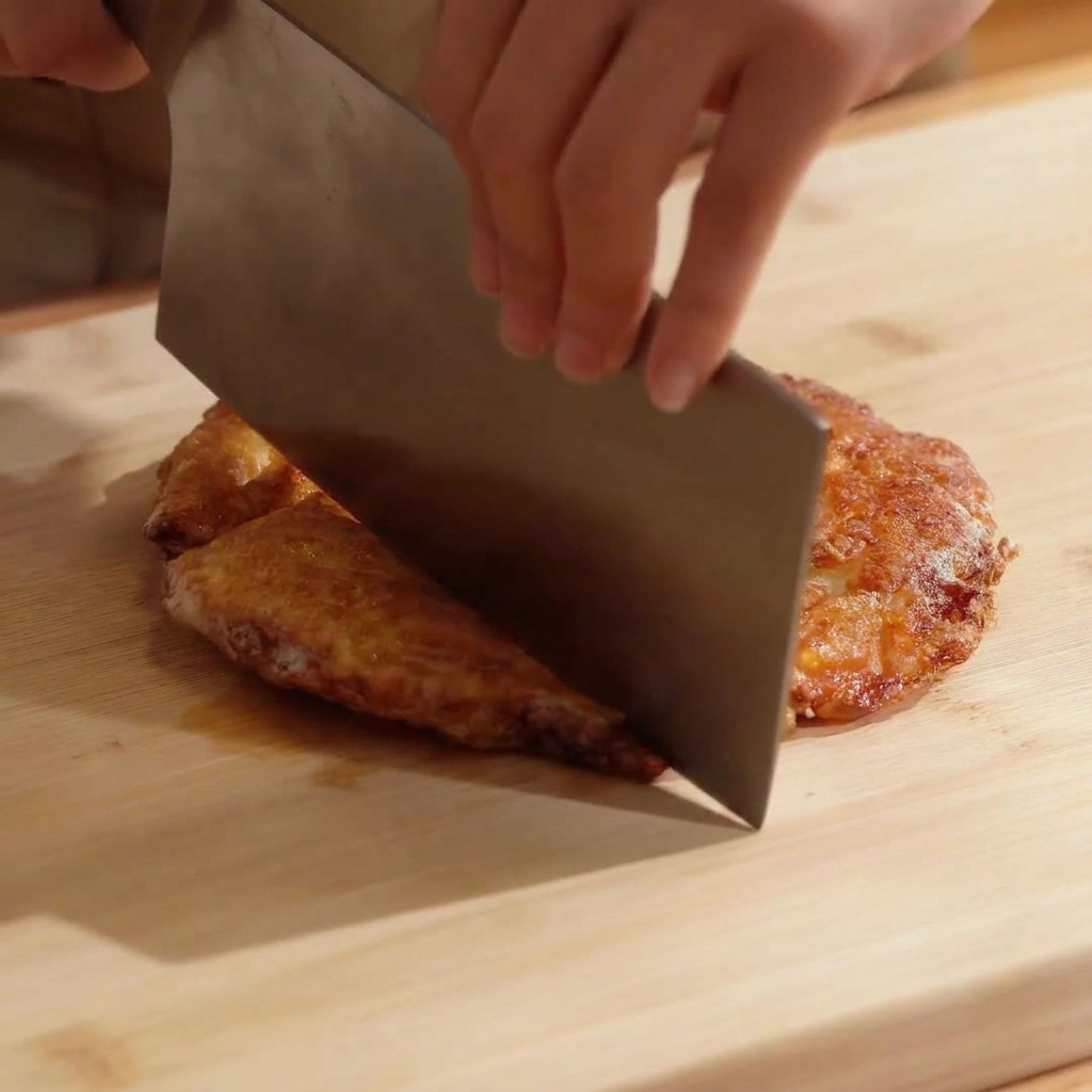 Huevo frito dorado siendo cortado en trozos más pequeños sobre una tabla de cortar de madera.