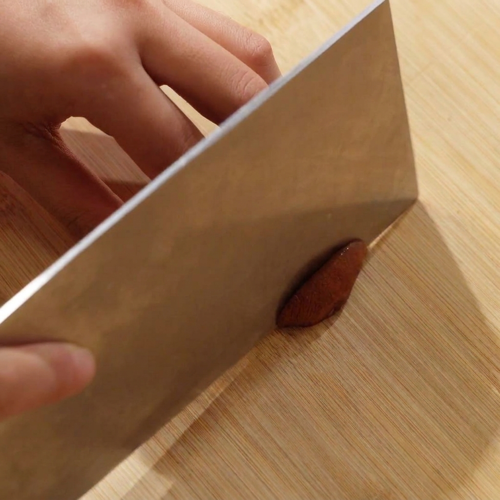 Sombreros de setas shiitake frescas siendo cortados sobre una tabla de cortar de madera.