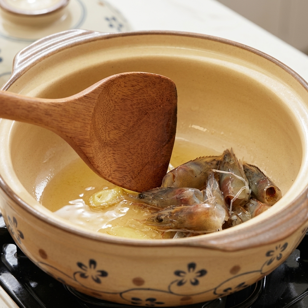 Cabezas de camarón y rodajas de jengibre salteándose en una olla de barro con aceite.