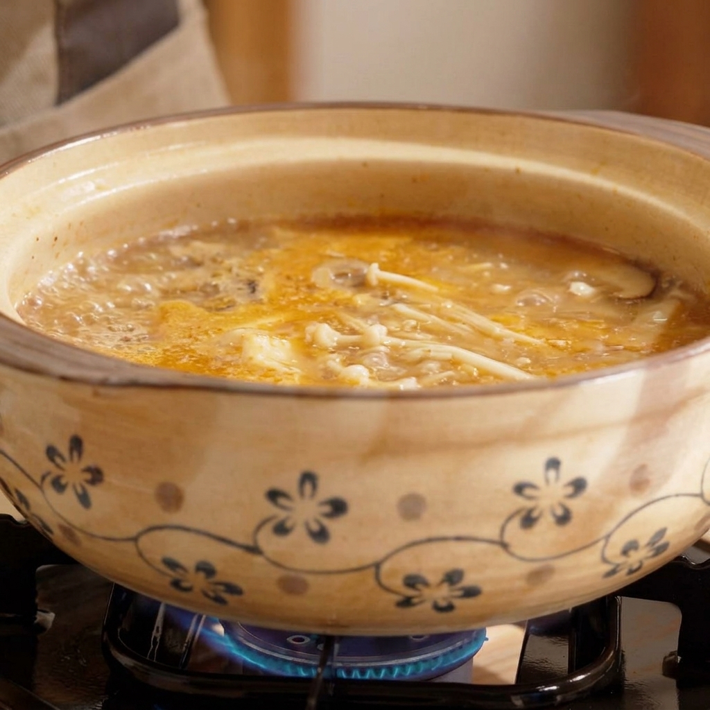 Dados de tofu suave siendo añadidos a una base de sopa de champiñones a fuego lento en una olla de barro.