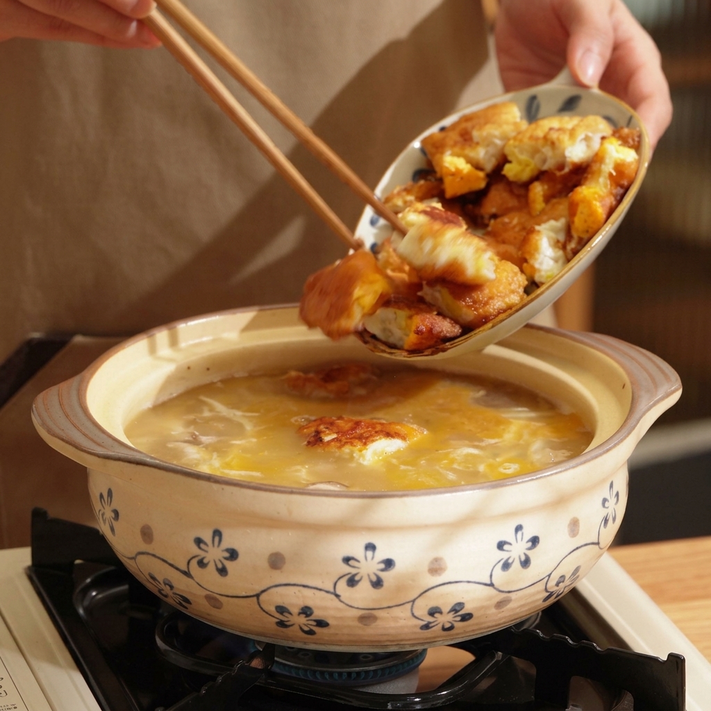 Trozos de huevo frito dorado siendo añadidos a una olla de barro con sopa de champiñones y tofu hirviendo.