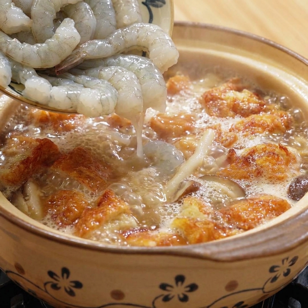 Camarones crudos y limpios siendo vertidos en la olla de barro con champiñones, tofu y trozos de huevo frito.