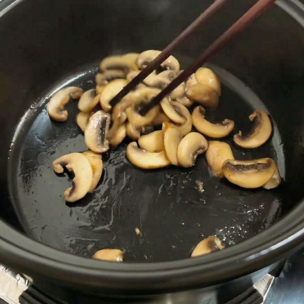 Tomates en cubos y champiñones salteándose juntos en una olla.