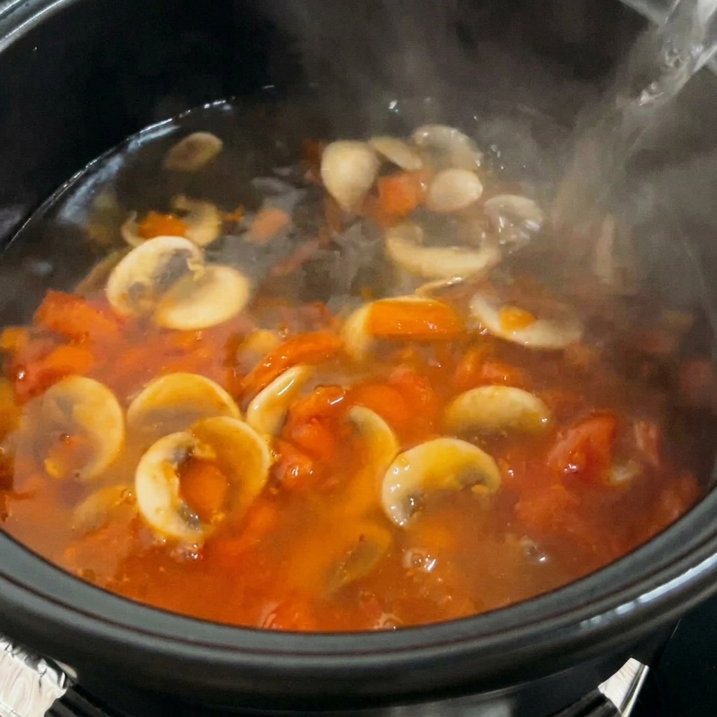 Agua hirviendo siendo vertida en la olla con la mezcla de tomate y champiñones.