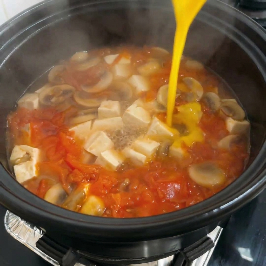 Huevo batido siendo vertido en la sopa burbujeante, creando cintas de huevo.