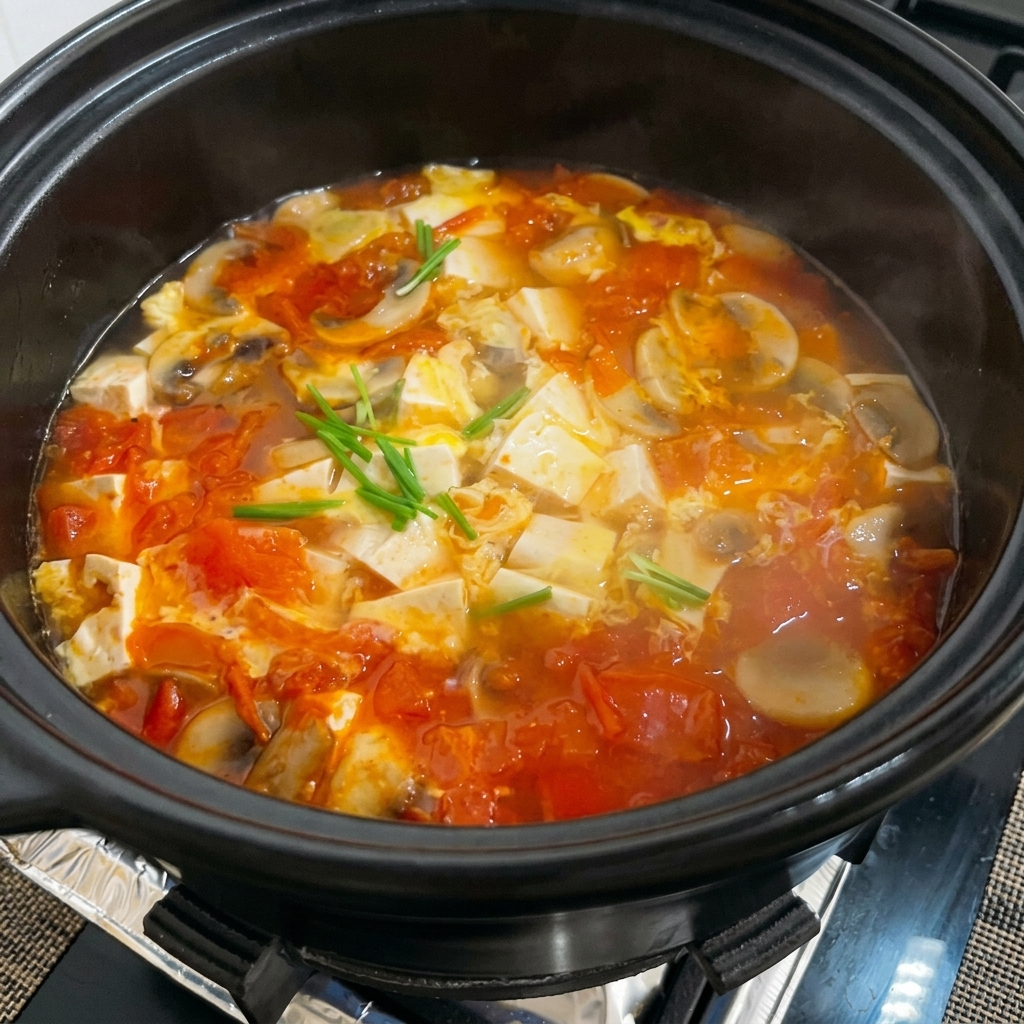 Primer plano de sal siendo espolvoreada en la sopa de tomate y tofu burbujeante.