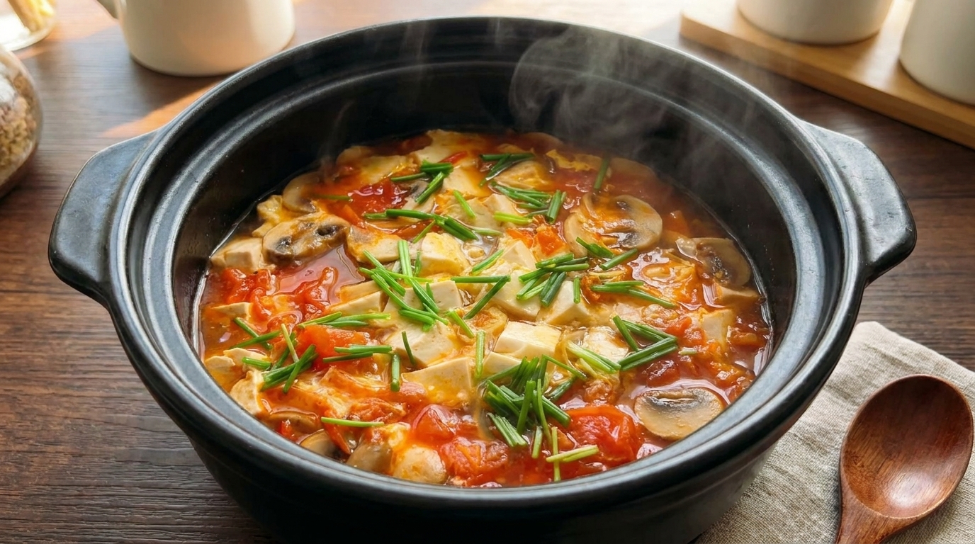 Sopa reconfortante de tomate, champiñones y tofu
