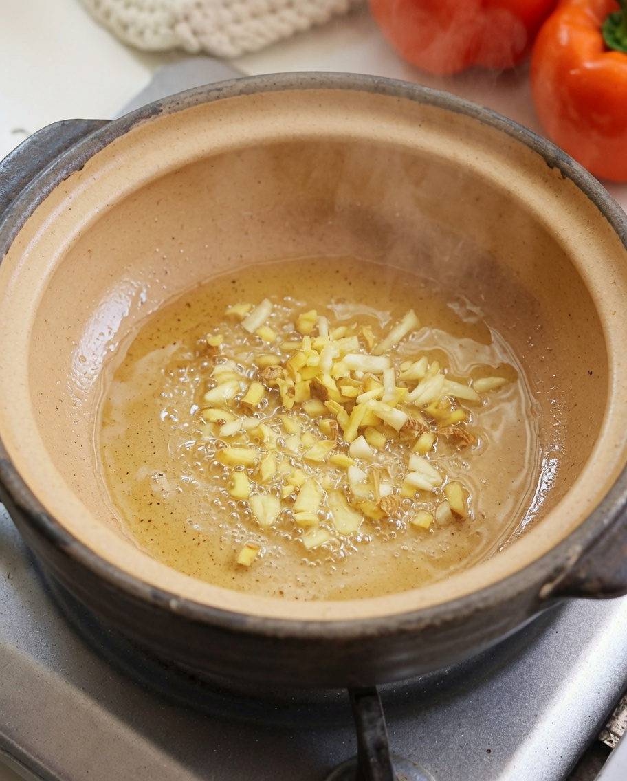 Jengibre y ajo picados friéndose en una olla de barro con aceite.