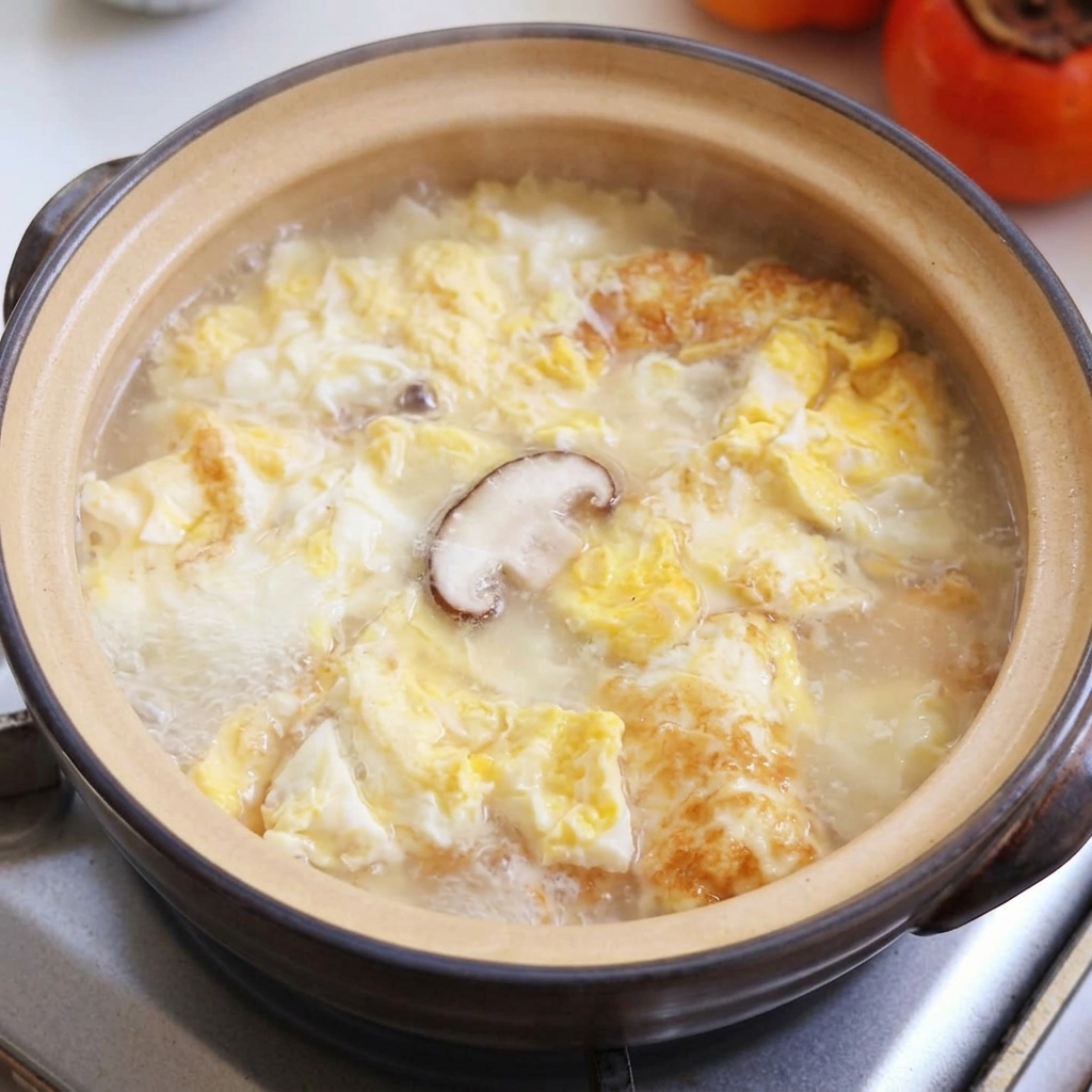 Setas shiitake, tofu y almejas cociéndose a fuego lento en el caldo hirviendo.