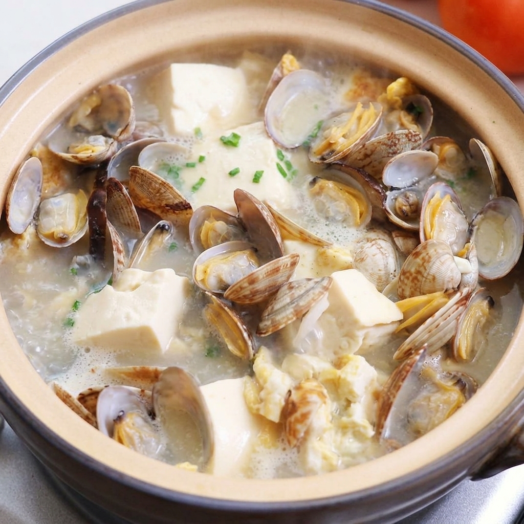 La olla de barro terminada con sopa de almejas y tofu cubierta con un vibrante adorno de cebolleta y cilantro picados.