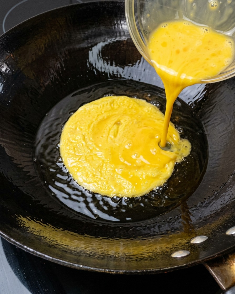 Huevos siendo batidos y revueltos en un wok caliente con aceite.