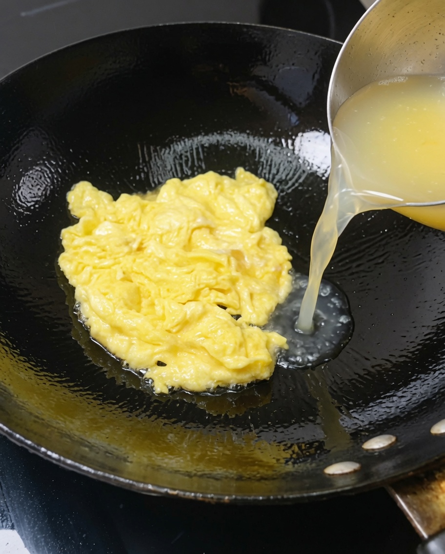 Agua caliente vertida sobre los huevos revueltos en el wok.