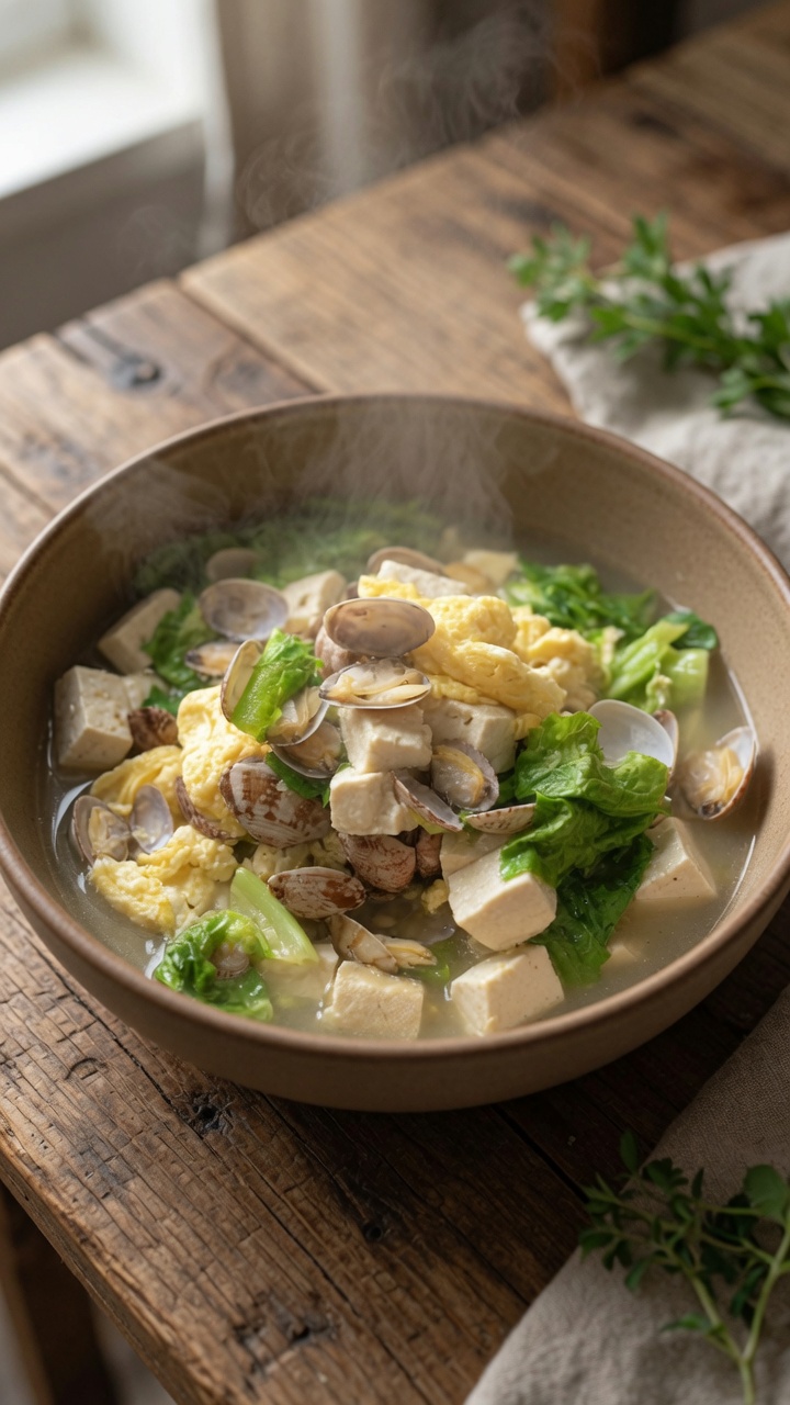 Un tazón de estofado caliente de almejas y tofu con trozos tiernos, huevo esponjoso y almejas frescas.