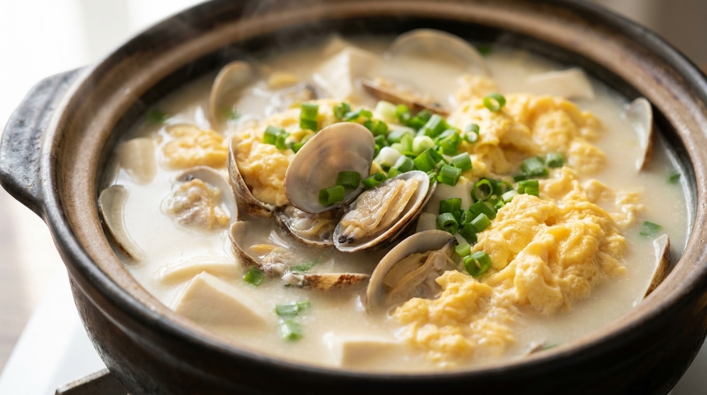 Sopa Cremosa de Almejas, Huevo y Tofu