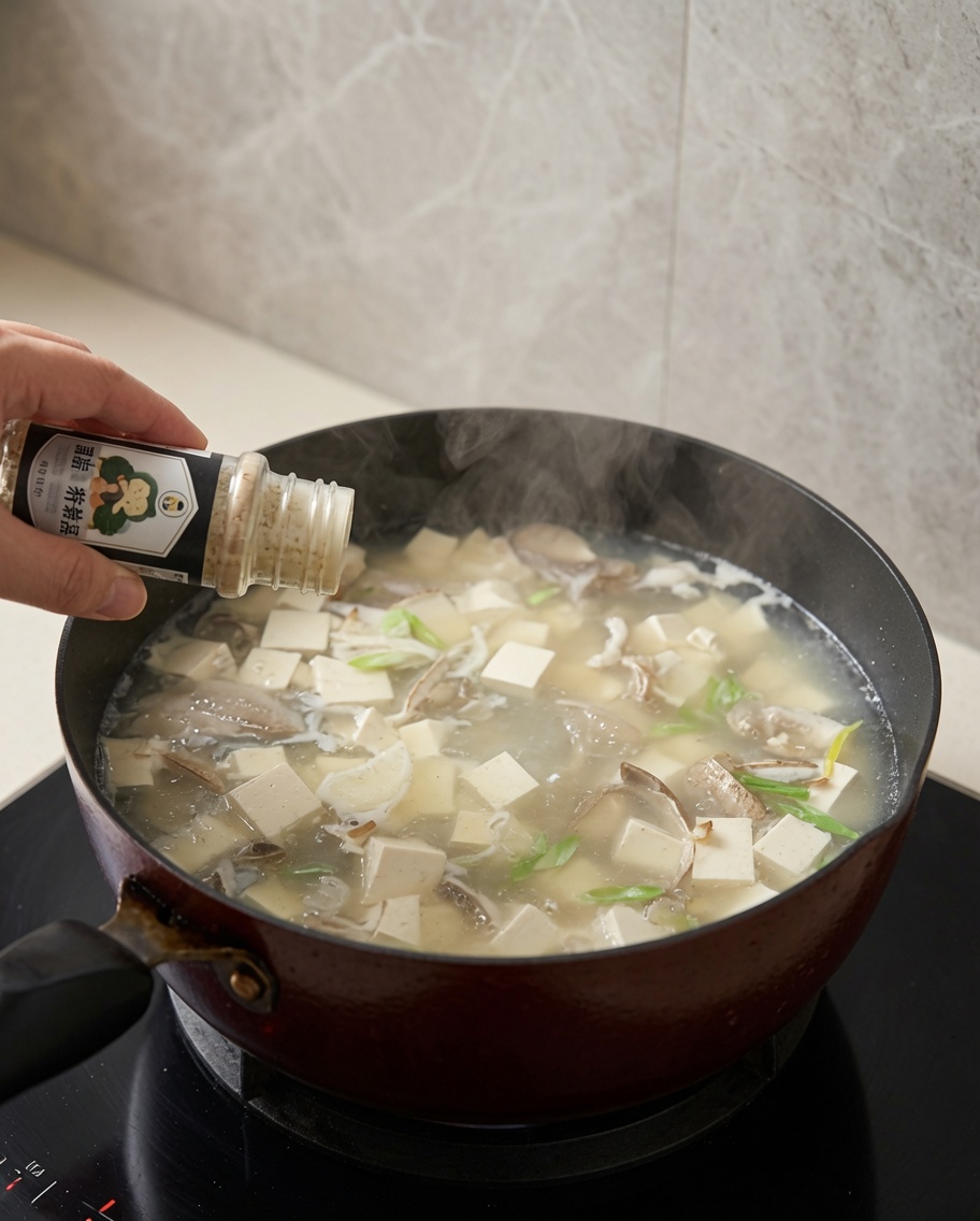 Añadiendo caldo de pollo en polvo a la sopa usando una cuchara pequeña.