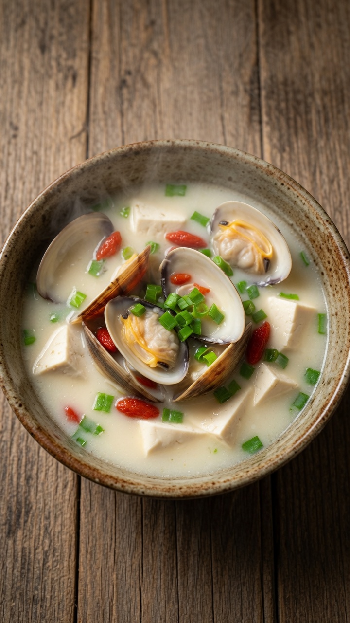 Sopa Cremosa de Mero, Almejas y Tofu