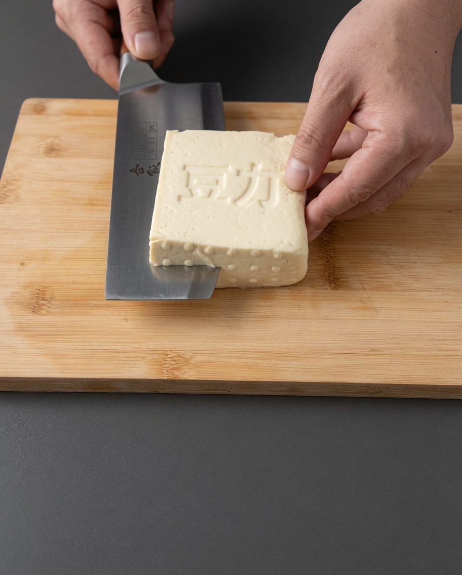 Un bloque de tofu firme siendo cortado en cubos uniformes sobre una tabla de madera.