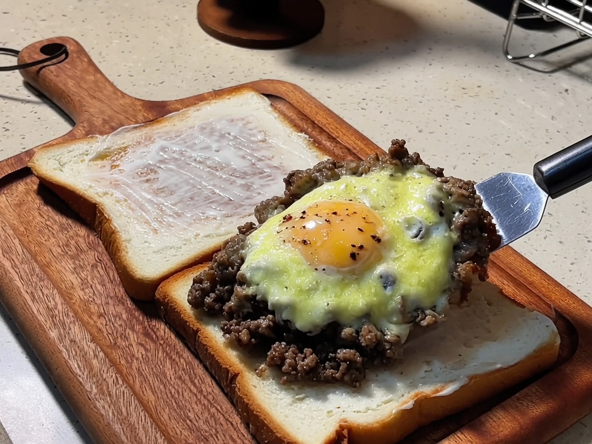 Una espátula colocando la mezcla de ternera, huevo y queso fundido sobre una rebanada de pan tostado.