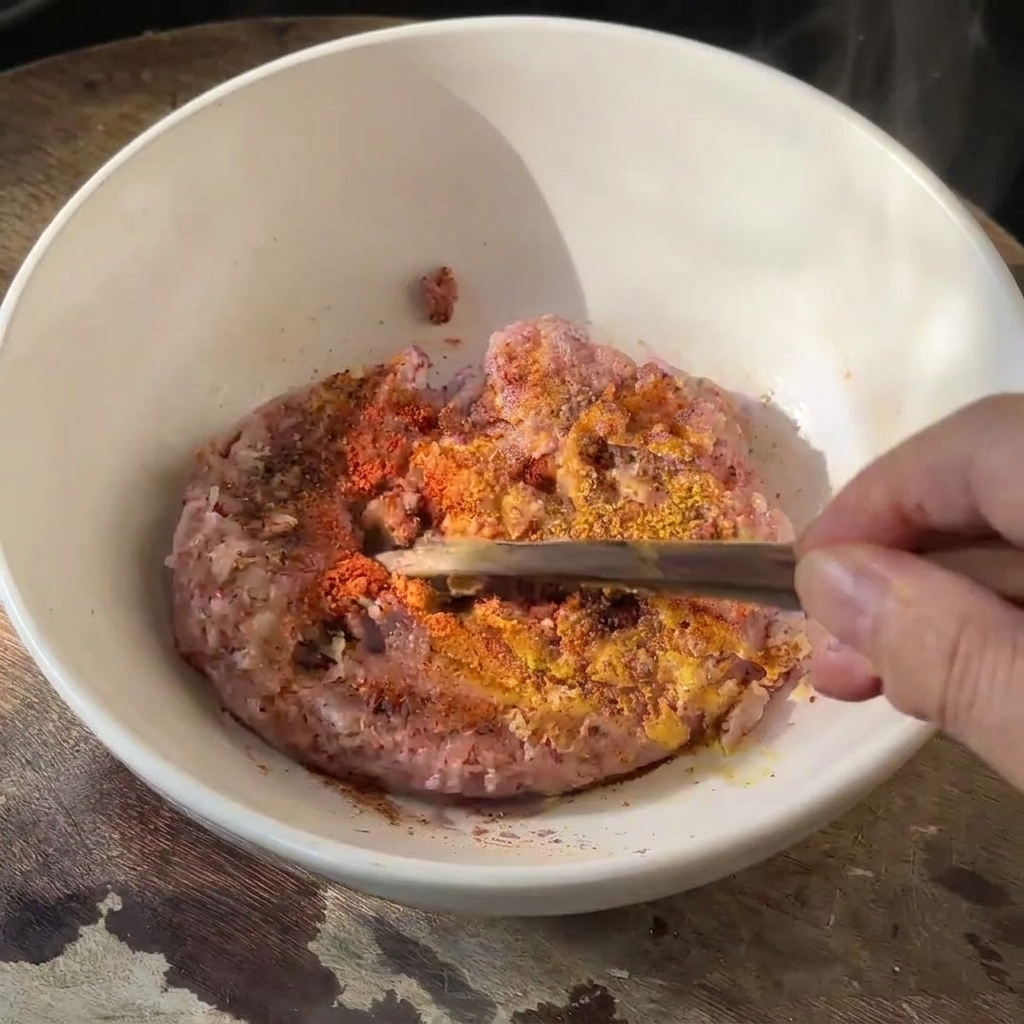 Carne cruda molida en un bol blanco siendo sazonada con páprika y especias usando palillos.