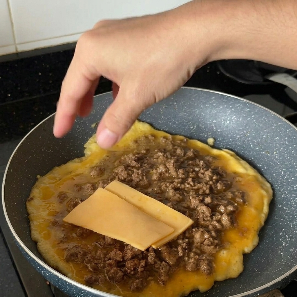 Una mano colocando dos rebanadas rectangulares de queso cheddar amarillo sobre la mezcla caliente de huevo y carne en la sartén.