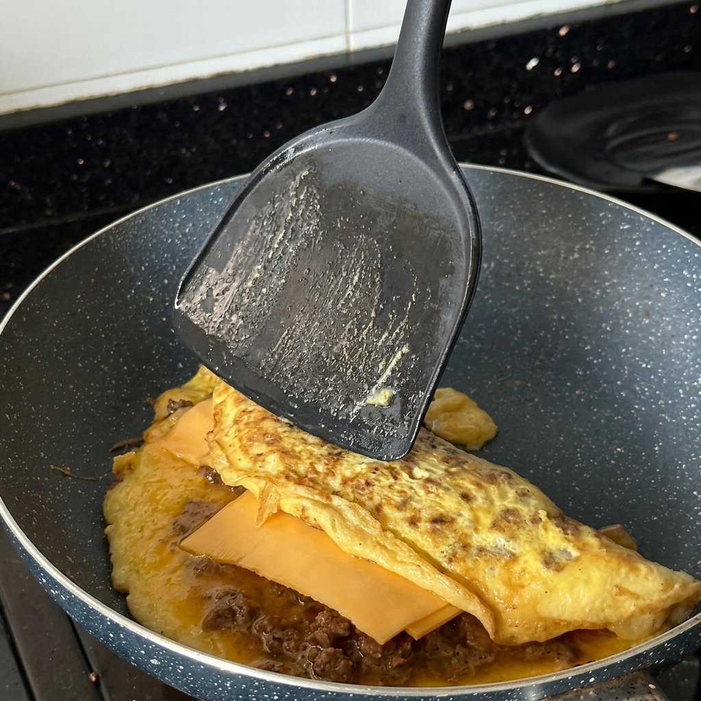 Una espátula negra levantando y doblando por la mitad una tortilla dorada de carne y huevo en una sartén caliente.