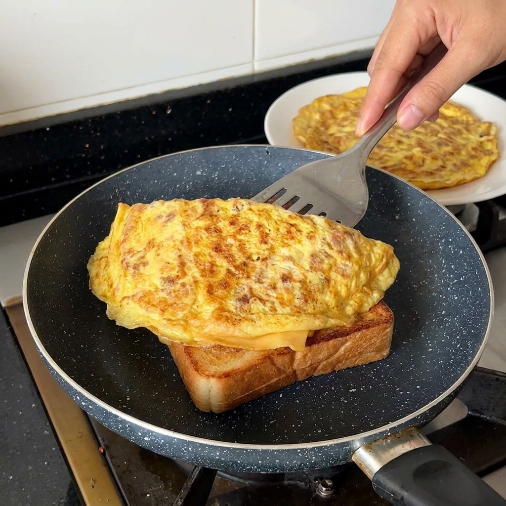 Una mano usando una espátula para colocar con cuidado una tortilla gruesa doblada sobre una rebanada de pan tostado dentro de una sartén.