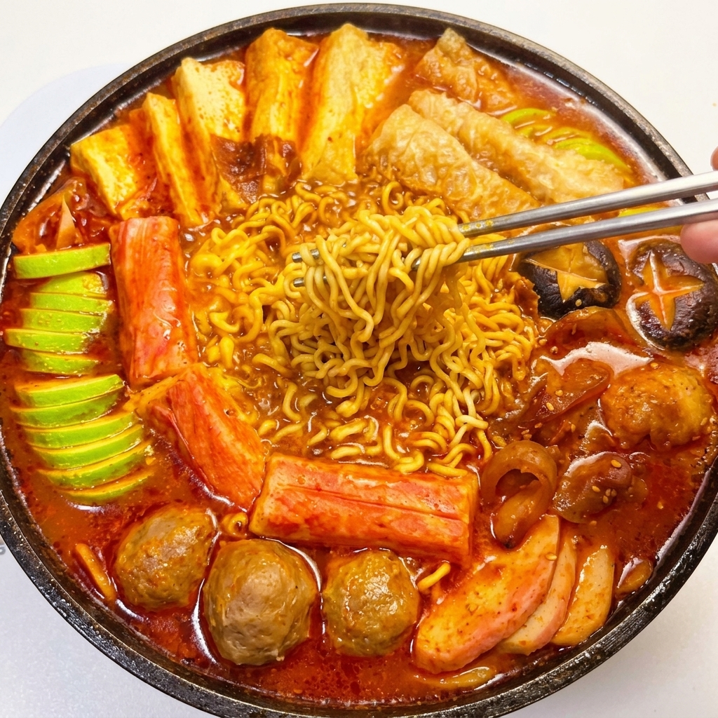 Ingredientes como tofu, bolas de pescado y calabacín organizados cuidadosamente en una olla.