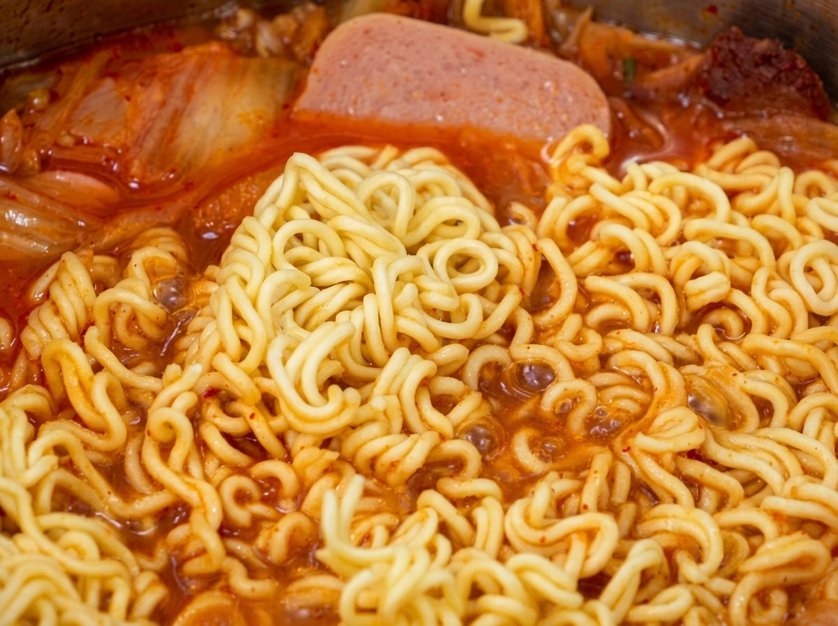 Tenedor mezclando los fideos en el estofado rojo.