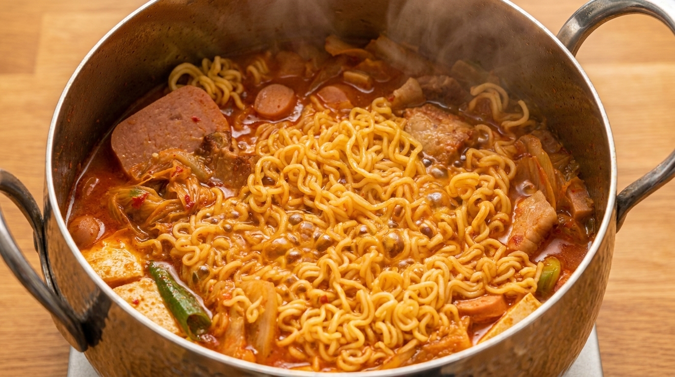 Una olla burbujeante de Budae jjigae llena de fideos ramen, jamón, salchichas y panceta.