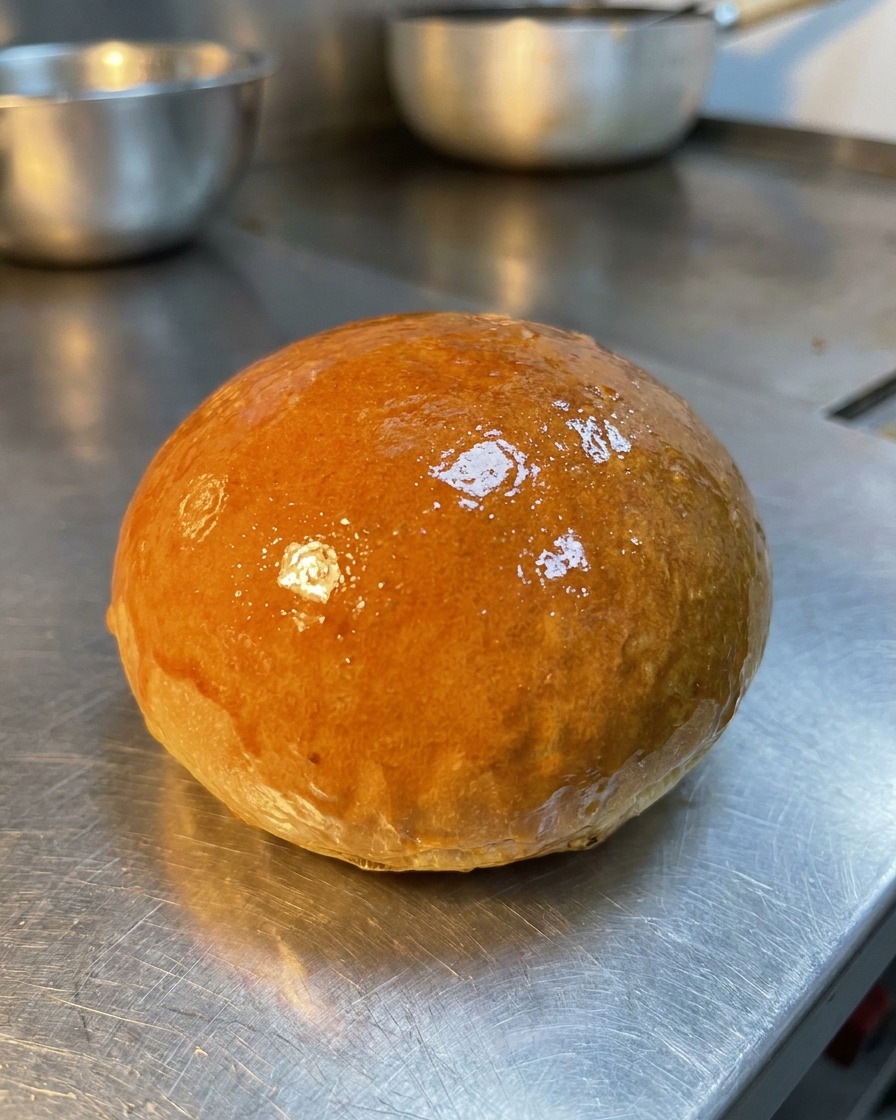 Un pan de hamburguesa abierto siendo tostado en la plancha, mostrando una superficie dorada y mantecosa.