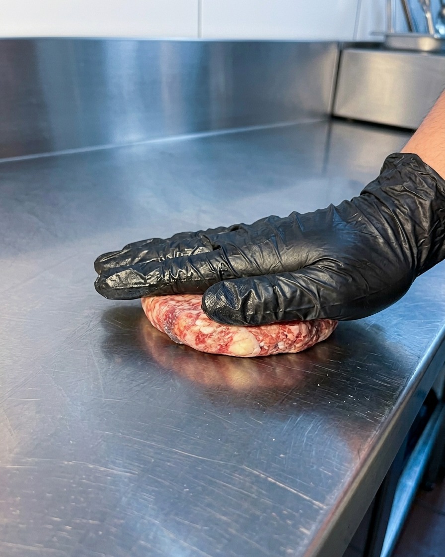 Una mano enguantada presionando una hamburguesa de carne cruda sobre la superficie de una plancha de acero inoxidable caliente.