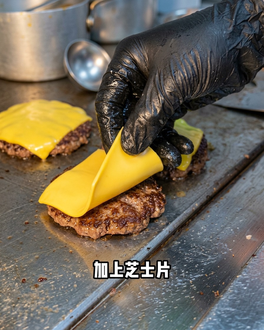 Una rebanada de queso amarillo colocada sobre una hamburguesa de ternera sellada que chisporrotea en la plancha.