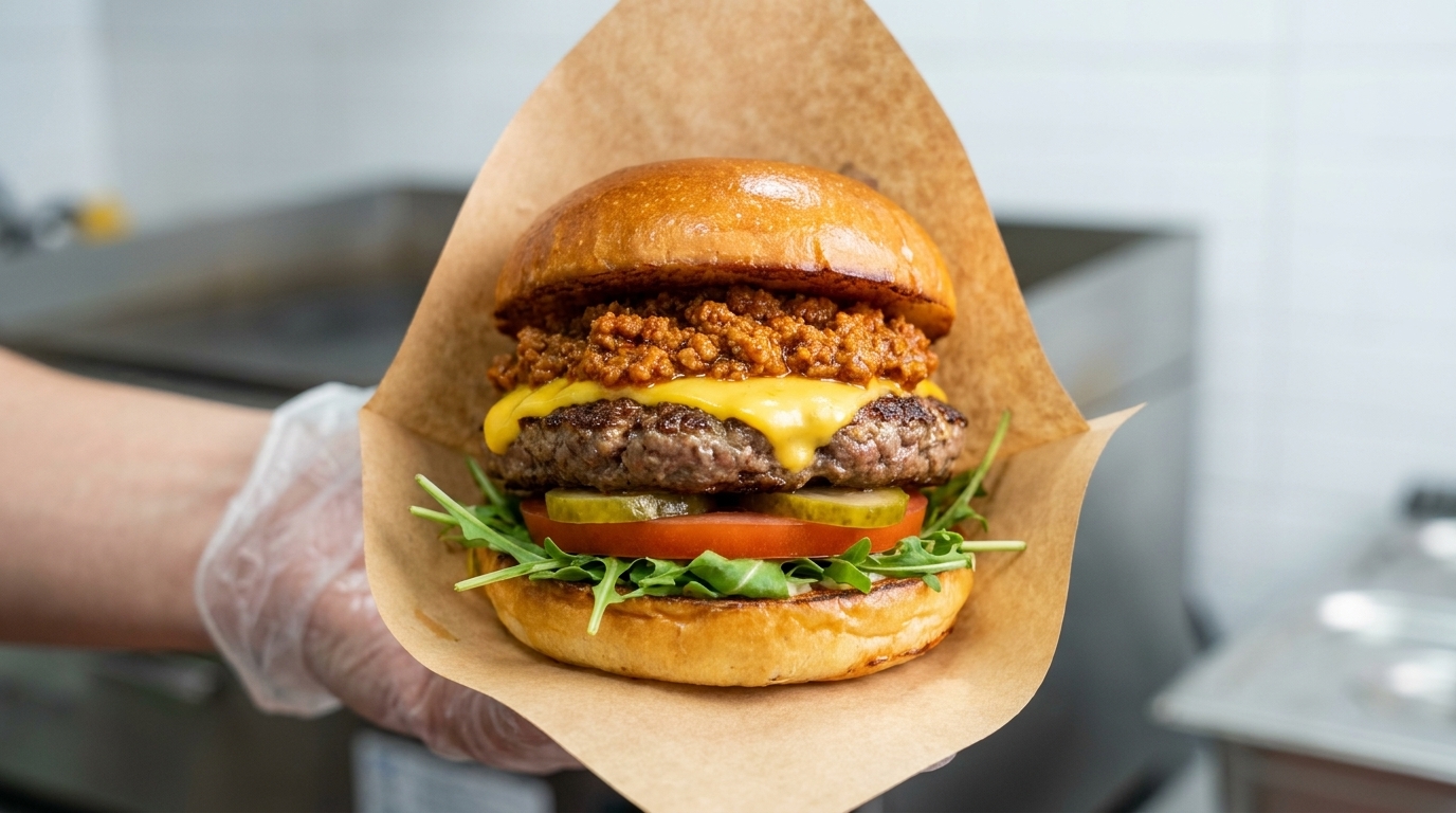 Una hamburguesa gourmet con salsa de carne picante, carne perfectamente sellada, queso fundido e ingredientes frescos.