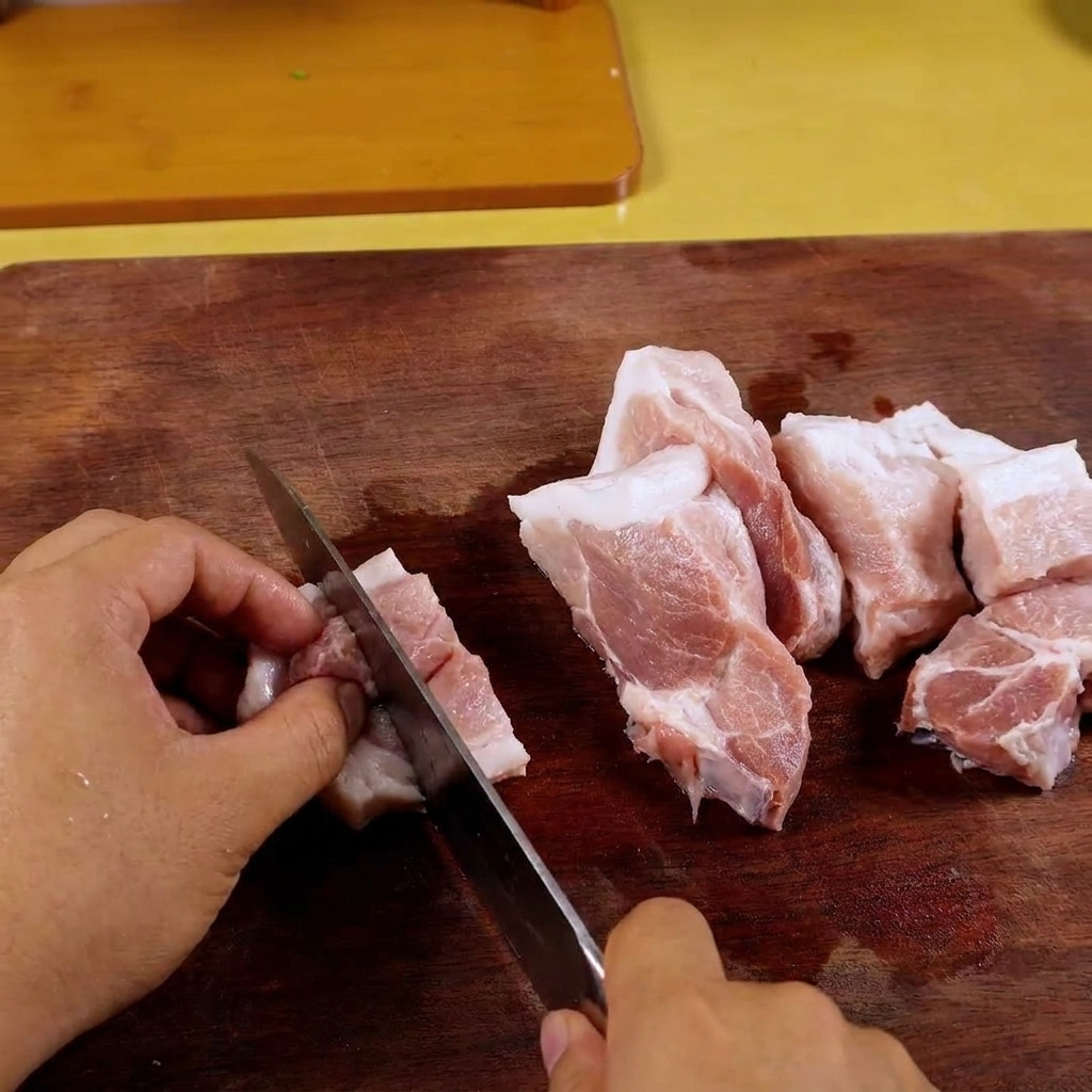 Carne de cerdo cruda finamente picada dentro del recipiente de un procesador de alimentos.