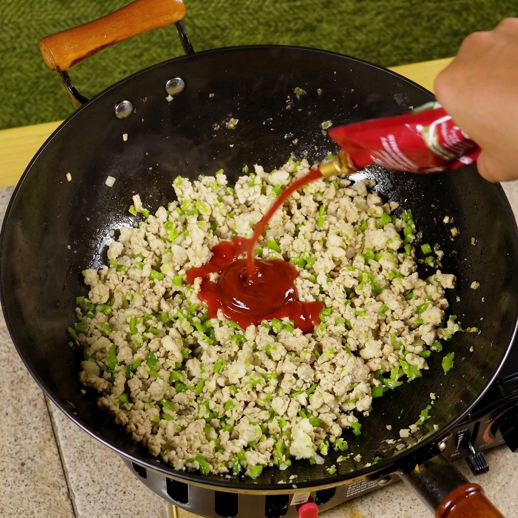 Pasta de tomate y varios condimentos siendo añadidos a una sartén con carne salteada y chile.