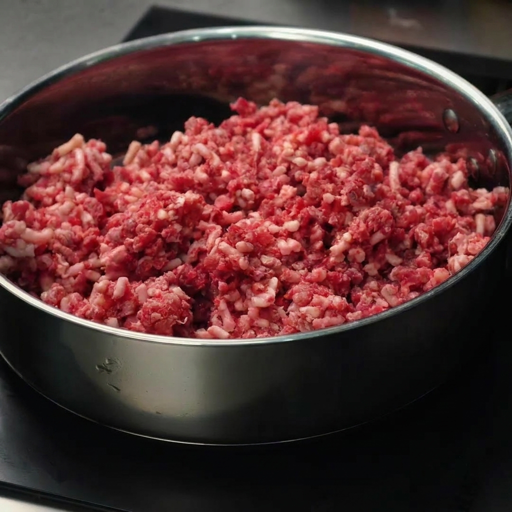 Carne molida cocinándose y removiéndose en una sartén hasta dorarse.